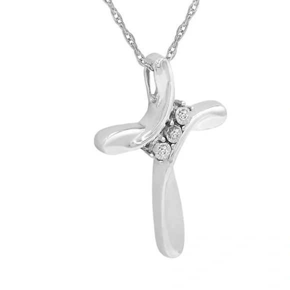 Three Stone Diamond Cross Pendant Necklace - Picture 4 of 4